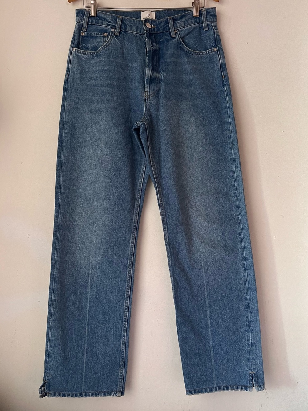 Anine Bing Roy Jean High-Rise Relaxed Straight Leg Split Hem Jeans 29 Button Fly